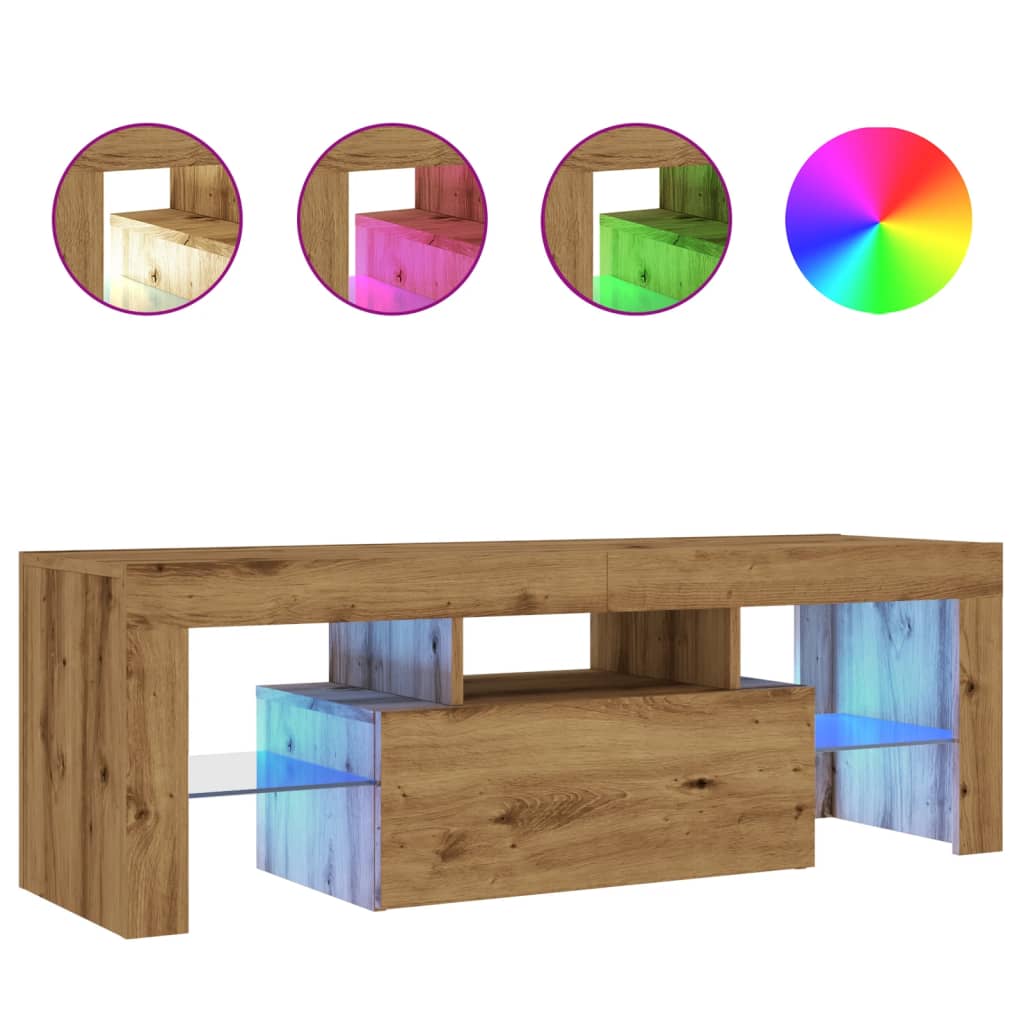 kézműves tölgy szerelt fa TV-szekrény LED-ekkel 120x36,5x40 cm