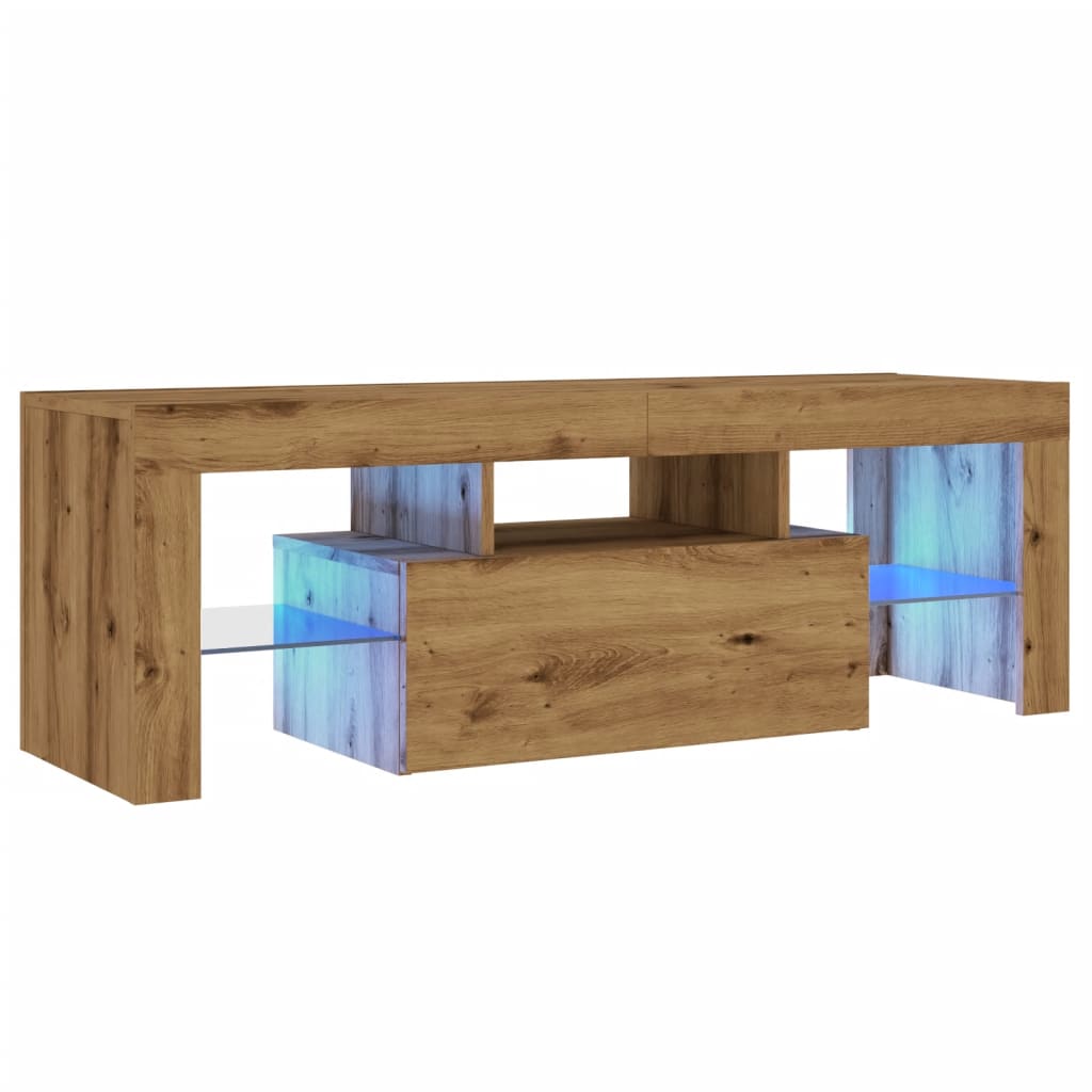 kézműves tölgy szerelt fa TV-szekrény LED-ekkel 120x36,5x40 cm