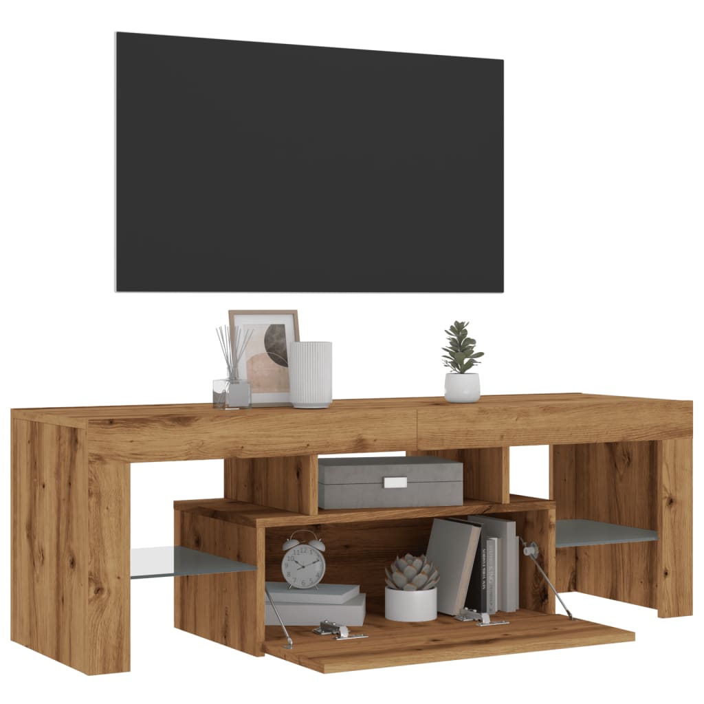 kézműves tölgy szerelt fa TV-szekrény LED-ekkel 120x36,5x40 cm