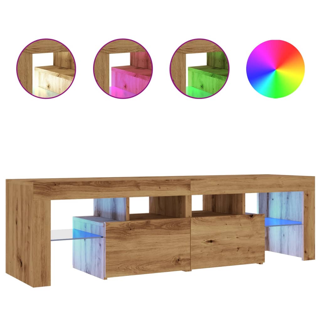 kézműves tölgy szerelt fa TV-szekrény LED-ekkel 140x36,5x40 cm