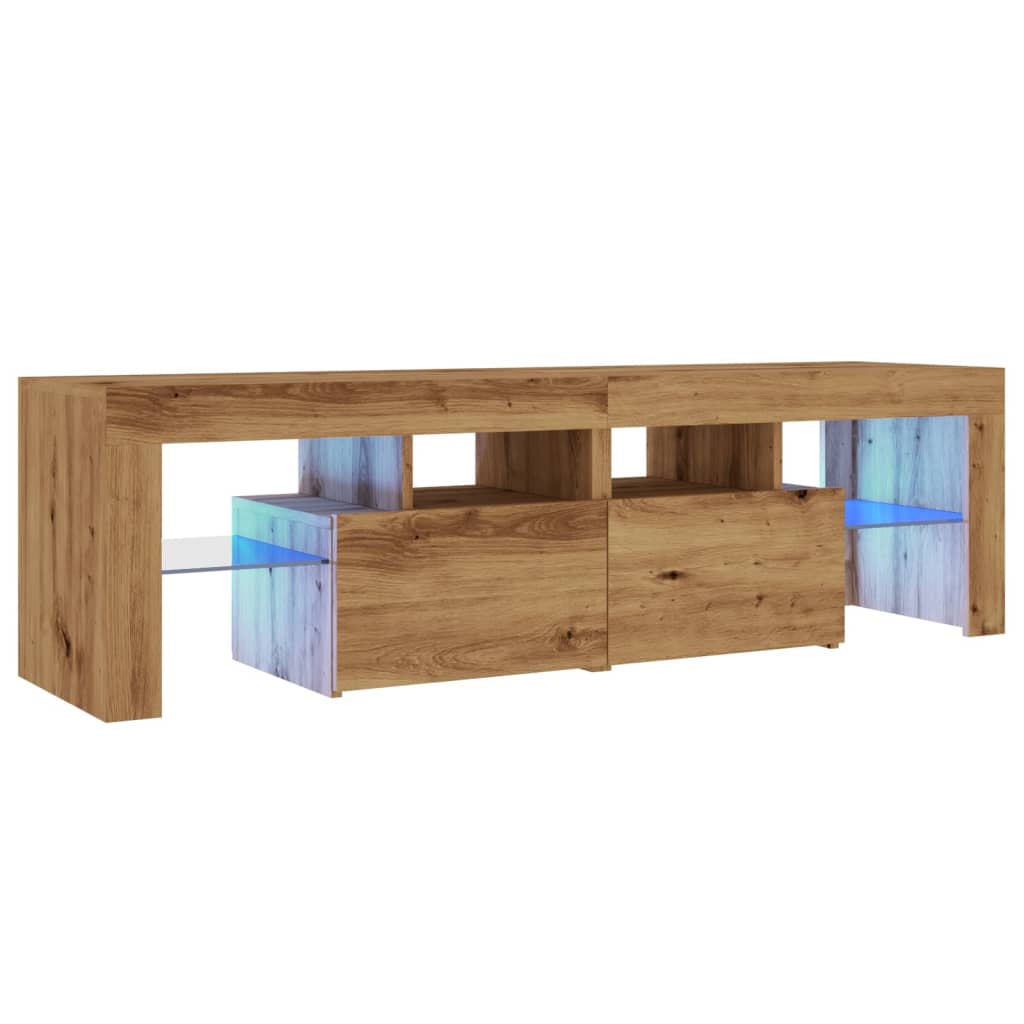 kézműves tölgy szerelt fa TV-szekrény LED-ekkel 140x36,5x40 cm