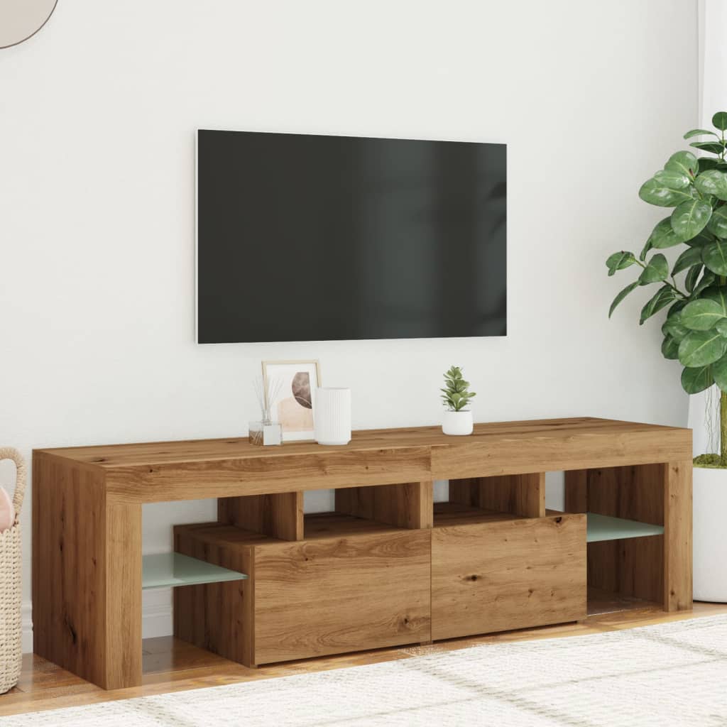 kézműves tölgy szerelt fa TV-szekrény LED-ekkel 140x36,5x40 cm