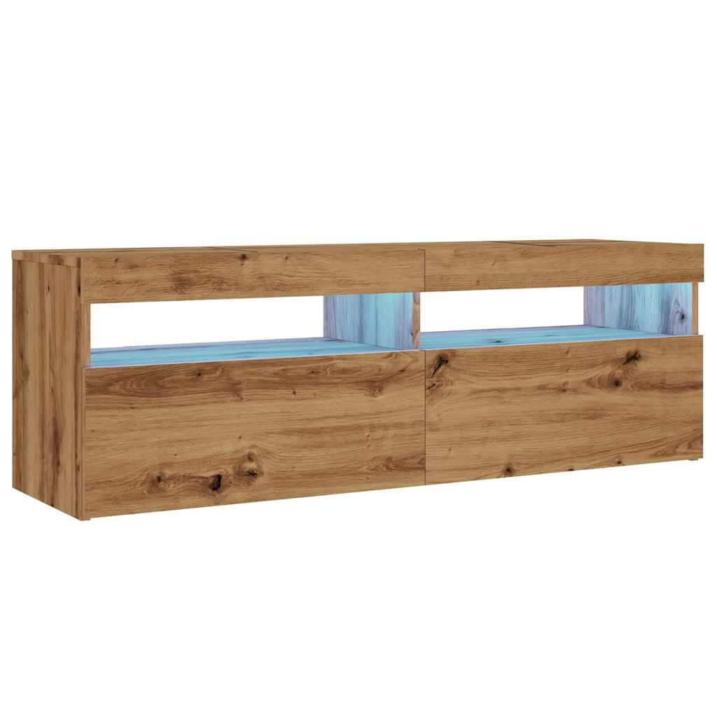 kézműves tölgy szerelt fa TV-szekrény LED-ekkel 120x35x40 cm