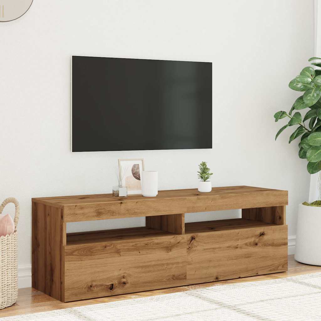 kézműves tölgy szerelt fa TV-szekrény LED-ekkel 120x35x40 cm
