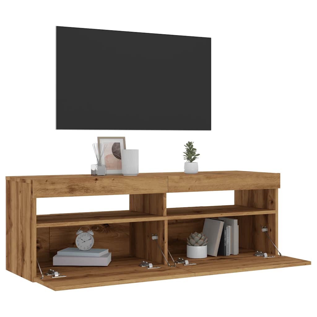 kézműves tölgy szerelt fa TV-szekrény LED-ekkel 120x35x40 cm