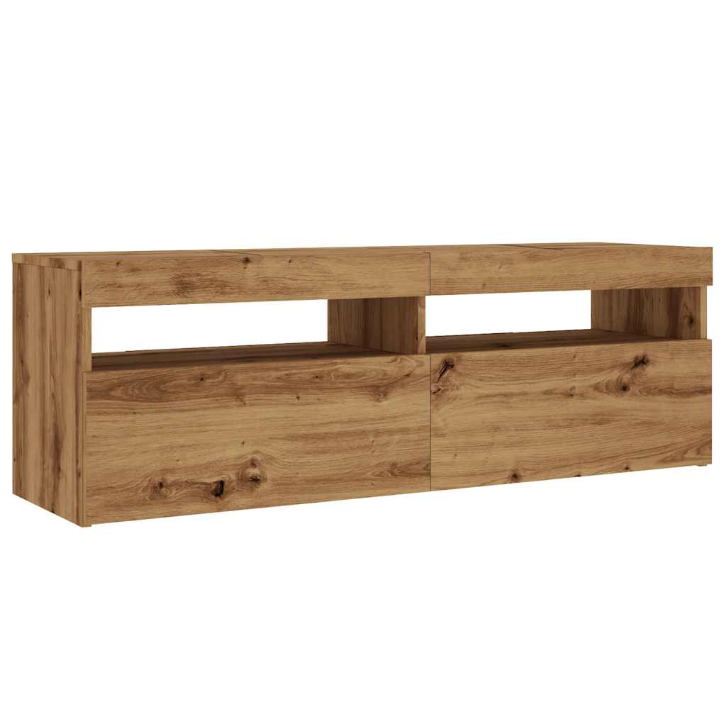 kézműves tölgy szerelt fa TV-szekrény LED-ekkel 120x35x40 cm