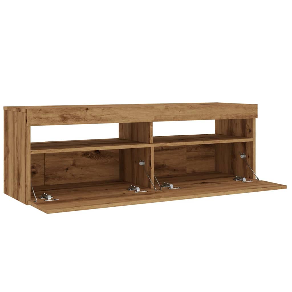 kézműves tölgy szerelt fa TV-szekrény LED-ekkel 120x35x40 cm