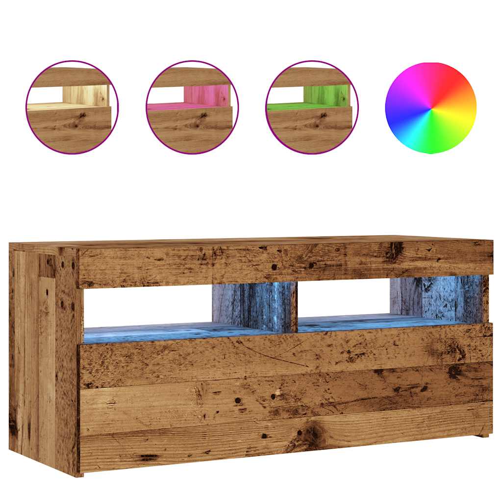 antik fa színű szerelt fa TV-szekrény LED-ekkel 90x35x40 cm