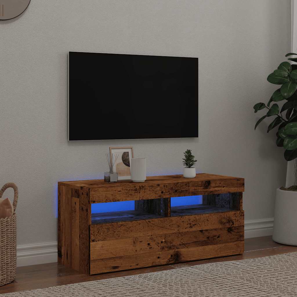 antik fa színű szerelt fa TV-szekrény LED-ekkel 90x35x40 cm