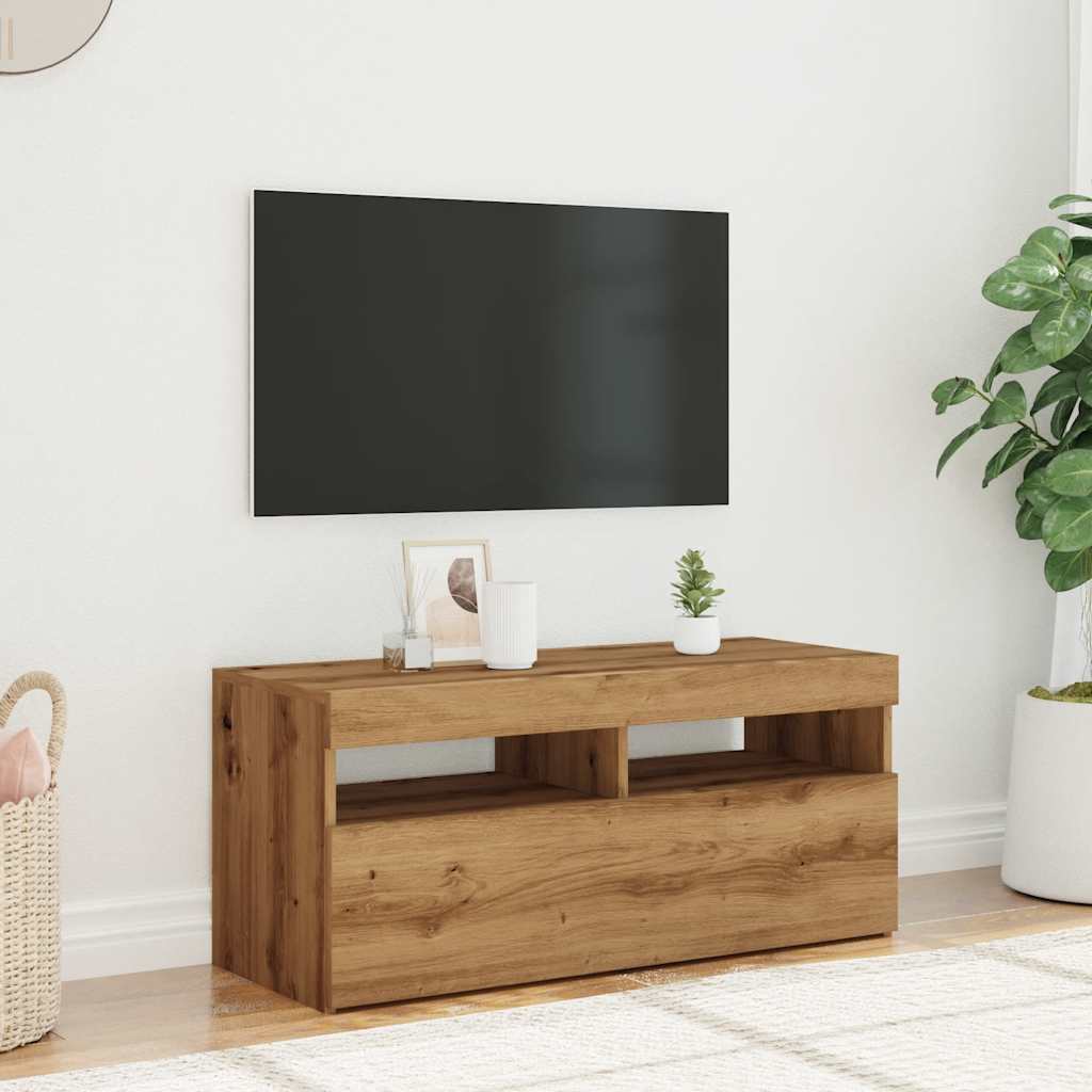 kézműves tölgy szerelt fa TV-szekrény LED-ekkel 90x35x40 cm