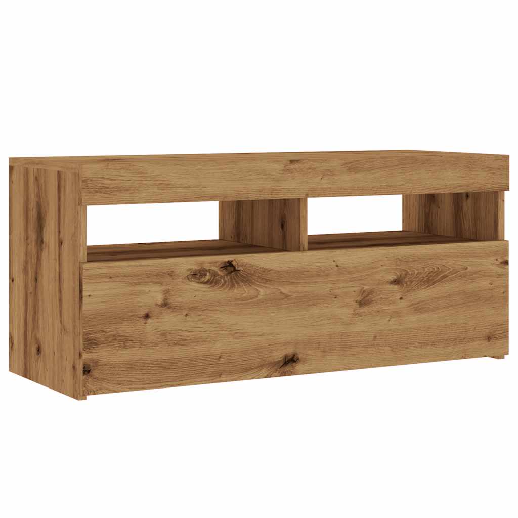 kézműves tölgy szerelt fa TV-szekrény LED-ekkel 90x35x40 cm