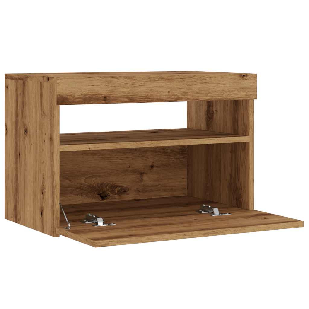 kézműves tölgy szerelt fa TV-szekrény LED-ekkel 60x35x40 cm