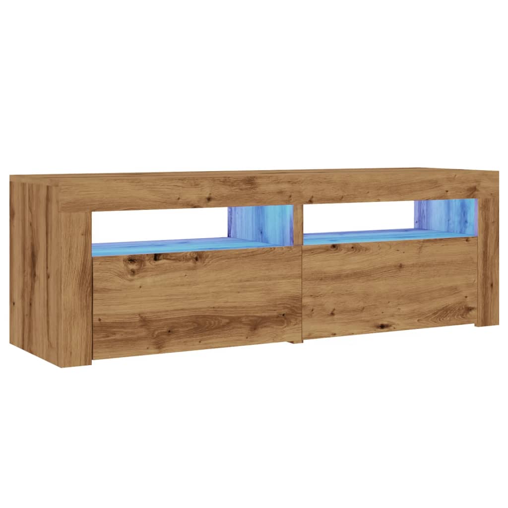 kézműves tölgy szerelt fa TV-szekrény LED-ekkel 120x35x40 cm