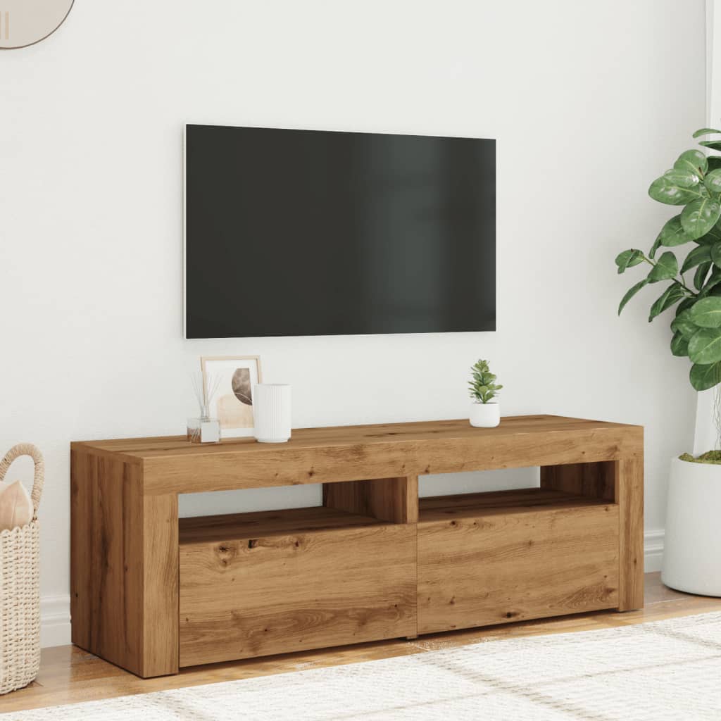 kézműves tölgy szerelt fa TV-szekrény LED-ekkel 120x35x40 cm