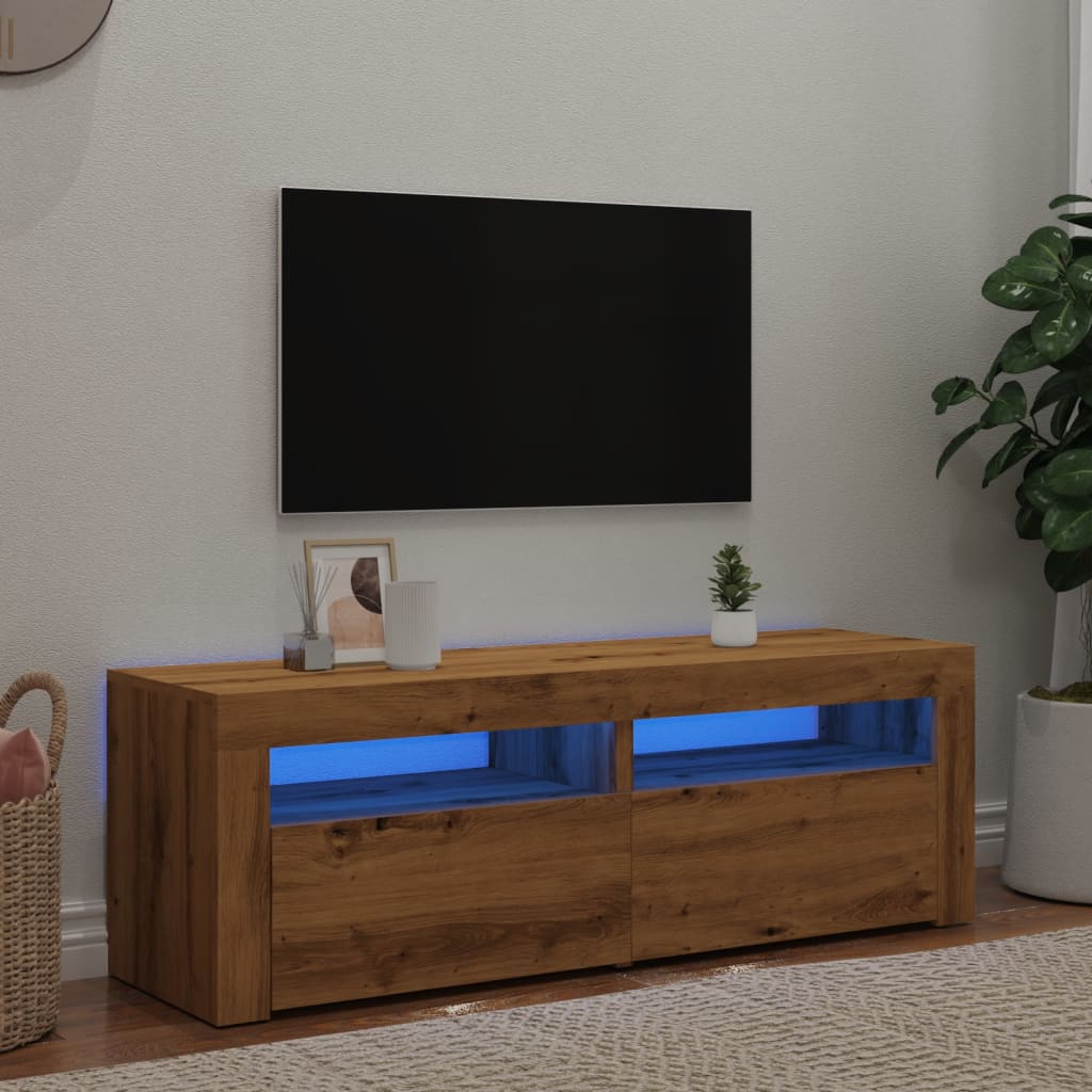 kézműves tölgy szerelt fa TV-szekrény LED-ekkel 120x35x40 cm