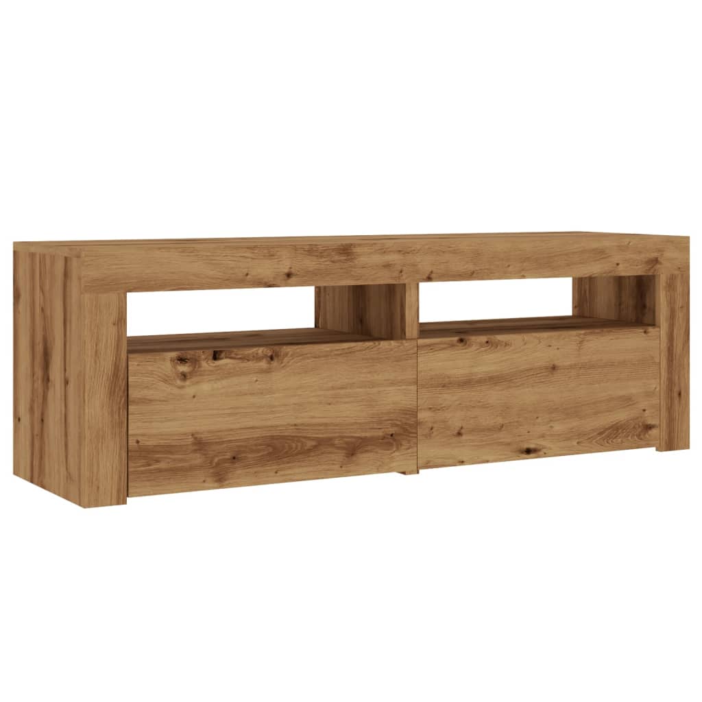 kézműves tölgy szerelt fa TV-szekrény LED-ekkel 120x35x40 cm
