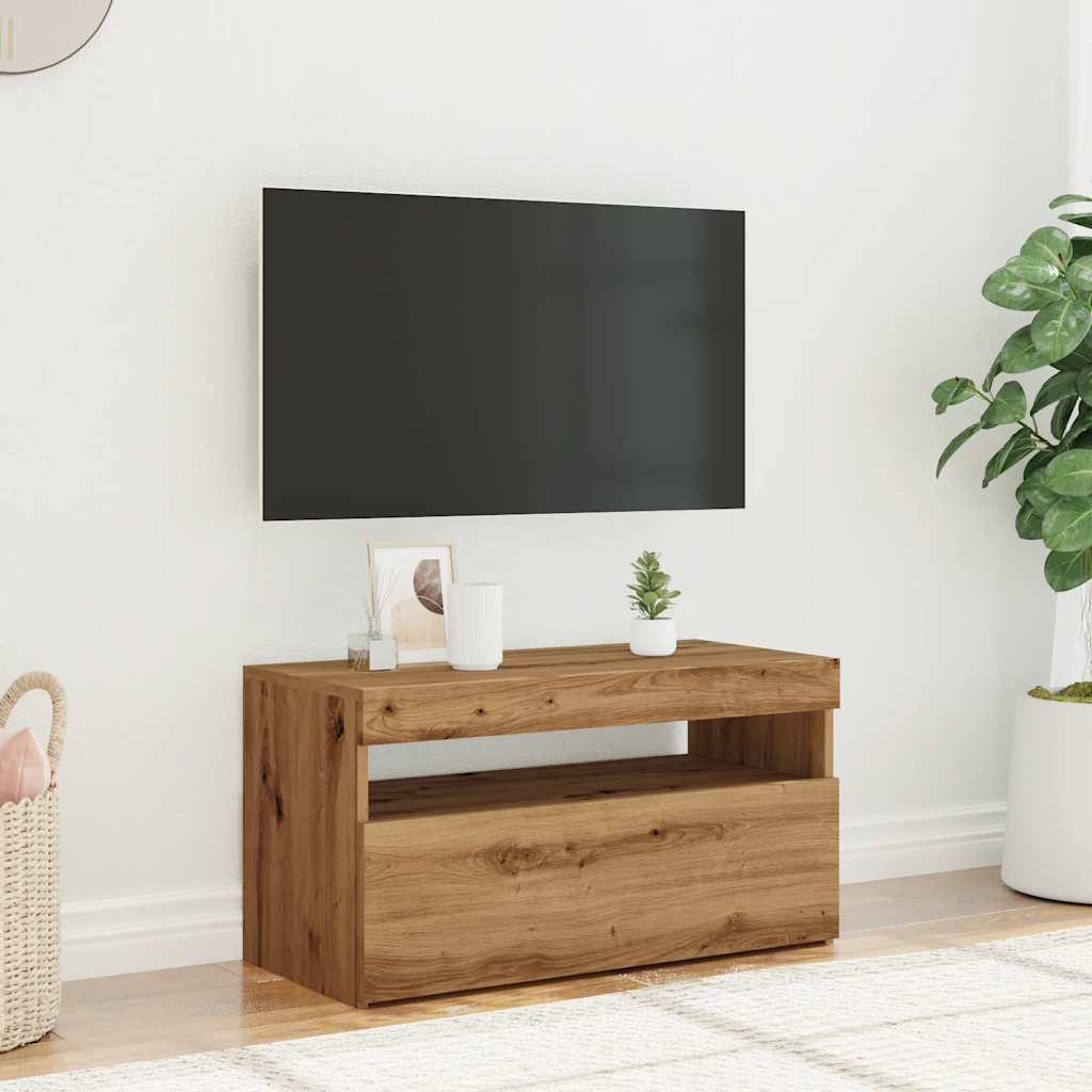 kézműves tölgy szerelt fa TV-szekrény LED-ekkel 75x35x40 cm
