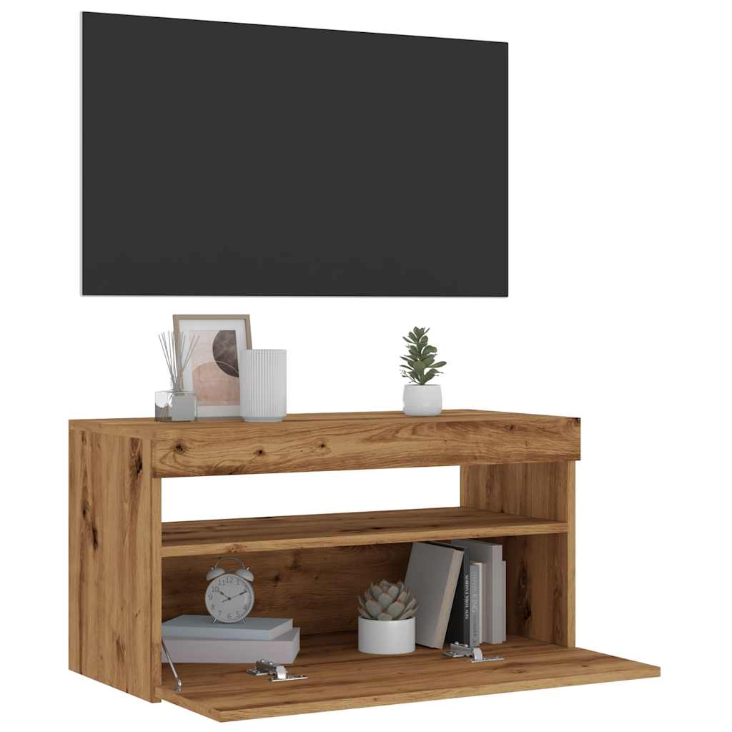 kézműves tölgy szerelt fa TV-szekrény LED-ekkel 75x35x40 cm