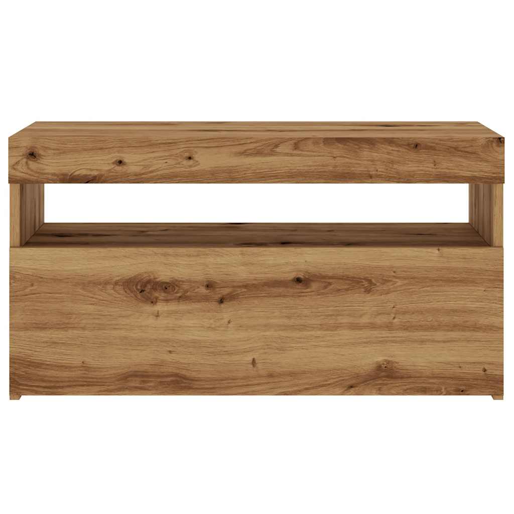 kézműves tölgy szerelt fa TV-szekrény LED-ekkel 75x35x40 cm