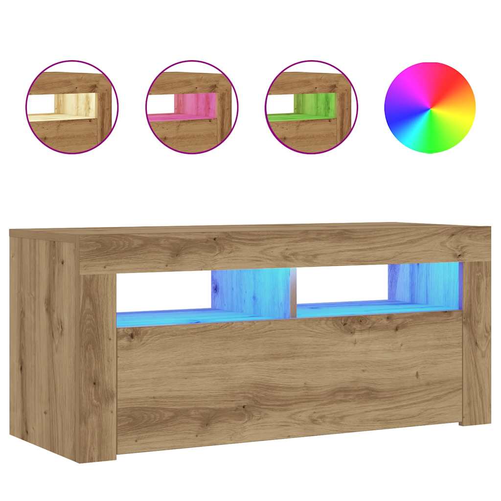 kézműves tölgy szerelt fa TV-szekrény LED-ekkel 90x35x40 cm