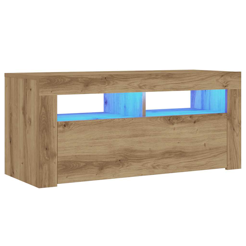 kézműves tölgy szerelt fa TV-szekrény LED-ekkel 90x35x40 cm