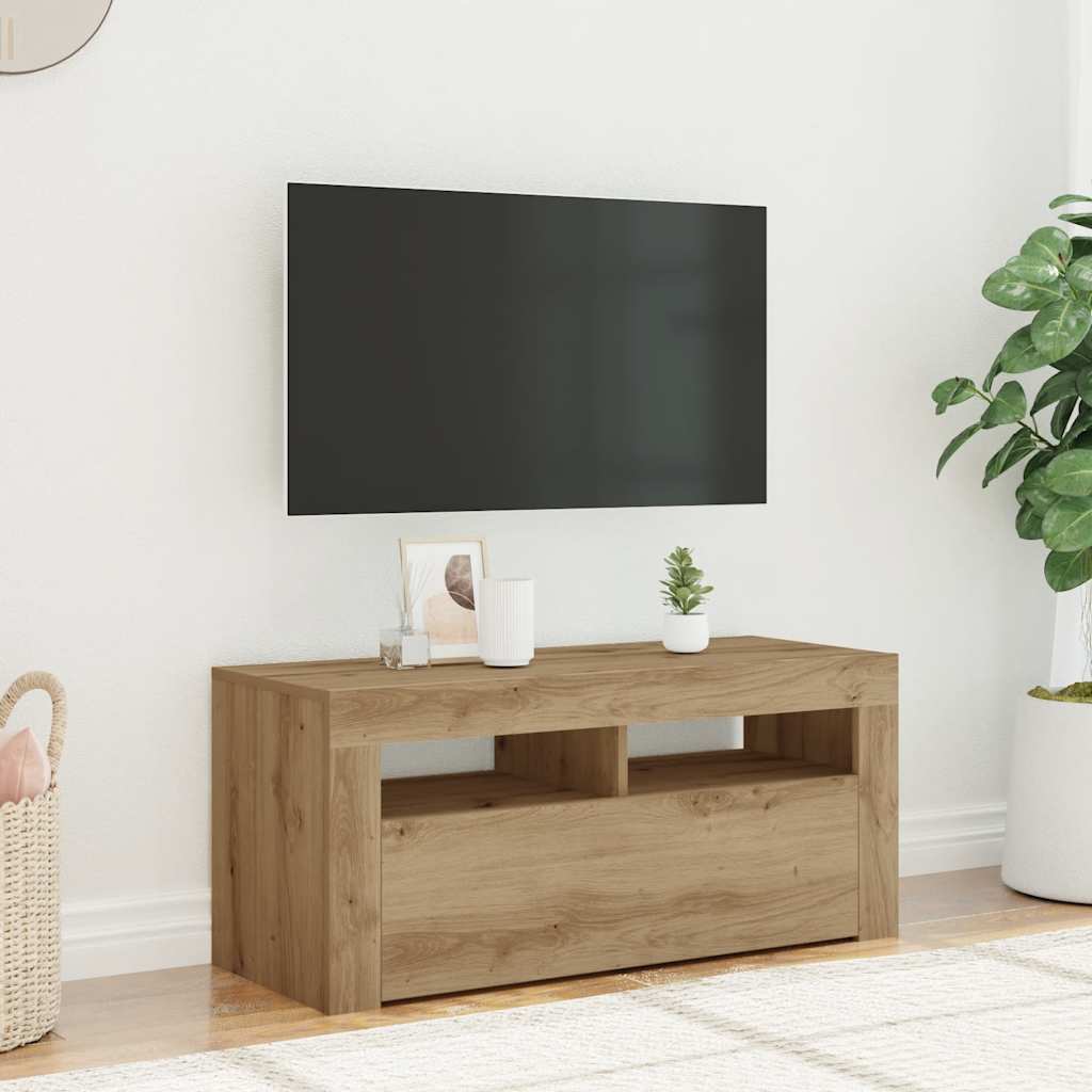 kézműves tölgy szerelt fa TV-szekrény LED-ekkel 90x35x40 cm