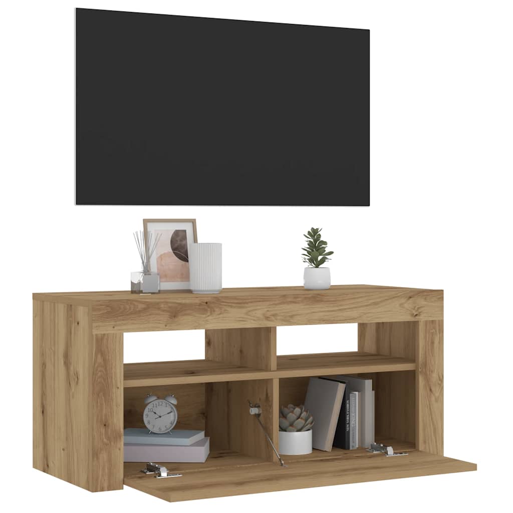 kézműves tölgy szerelt fa TV-szekrény LED-ekkel 90x35x40 cm