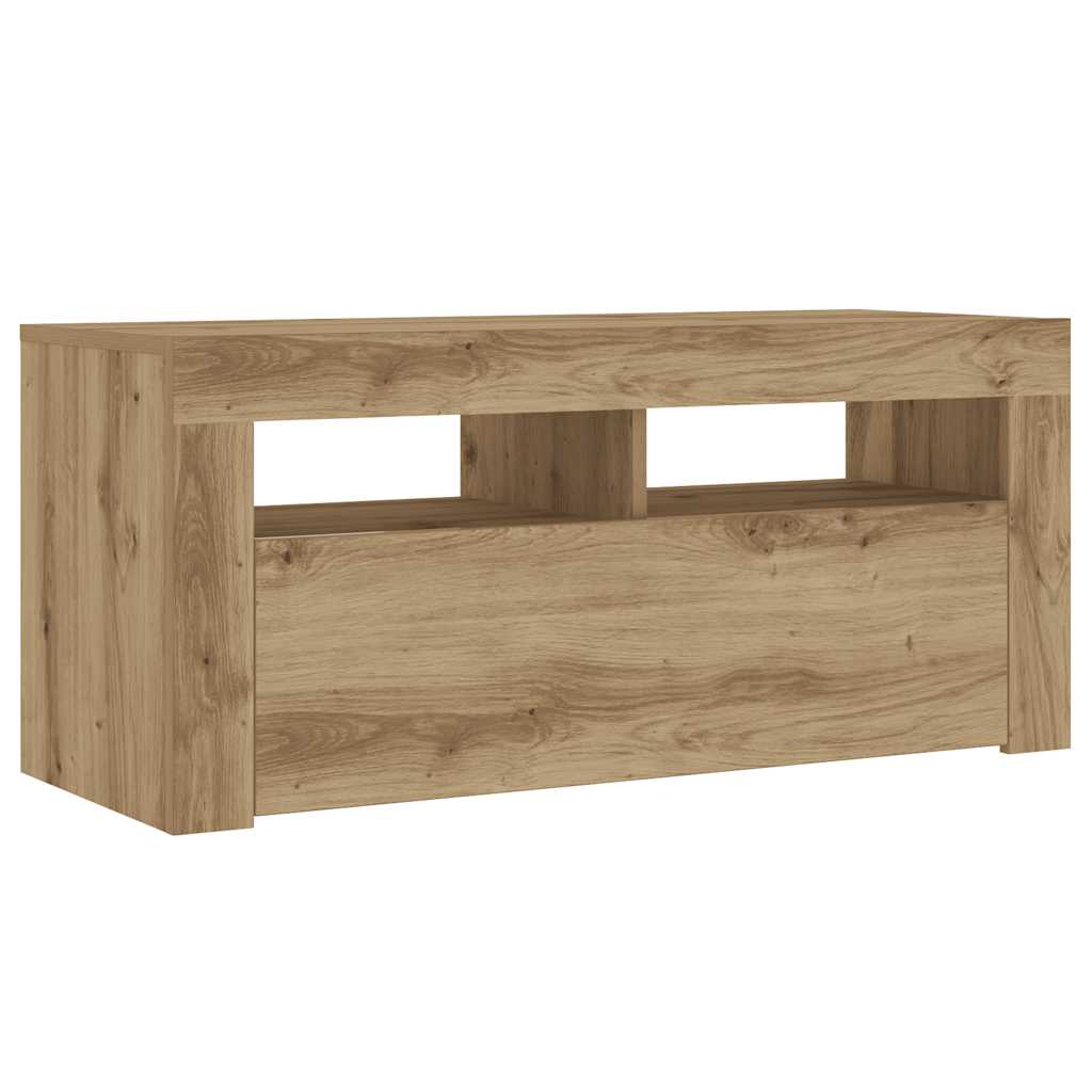 kézműves tölgy szerelt fa TV-szekrény LED-ekkel 90x35x40 cm