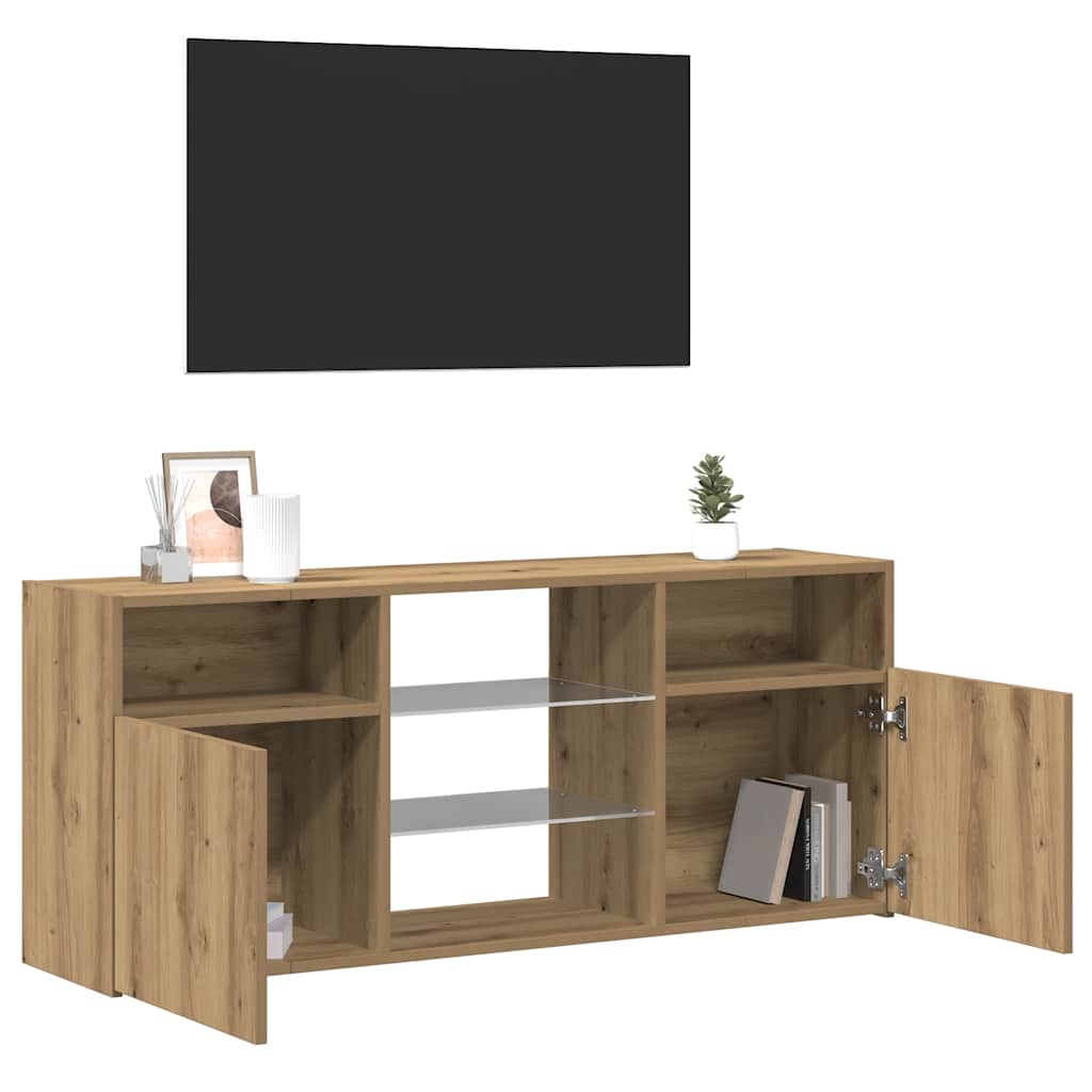 kézműves tölgy szerelt fa TV-szekrény LED-ekkel 120x30x50 cm