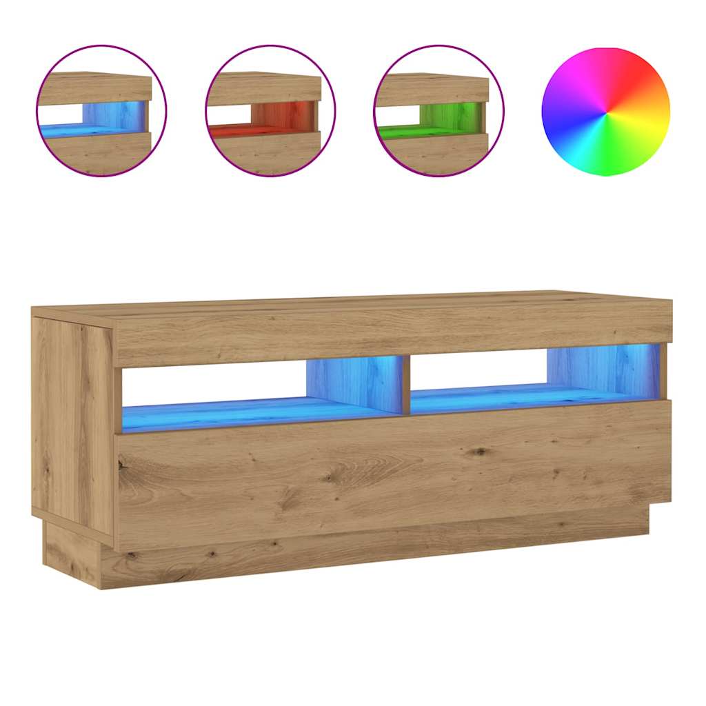 kézműves tölgy szerelt fa TV-szekrény LED-ekkel 100x35x40 cm