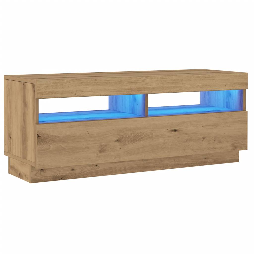kézműves tölgy szerelt fa TV-szekrény LED-ekkel 100x35x40 cm