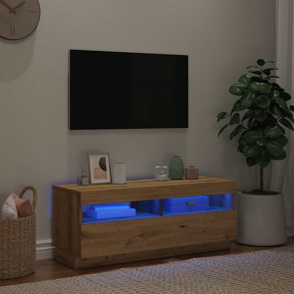 kézműves tölgy szerelt fa TV-szekrény LED-ekkel 100x35x40 cm