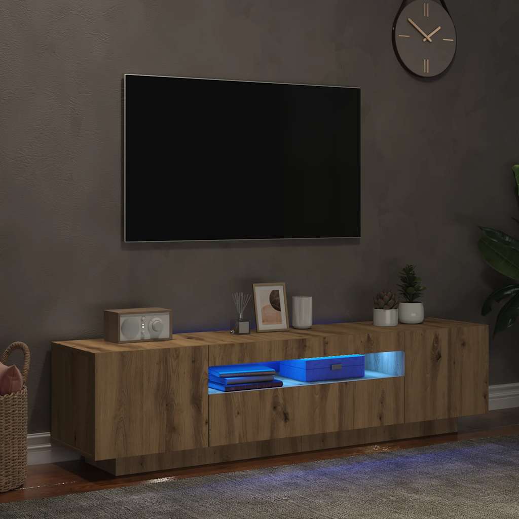 kézműves tölgy szerelt fa TV-szekrény LED-ekkel 160x35x40 cm