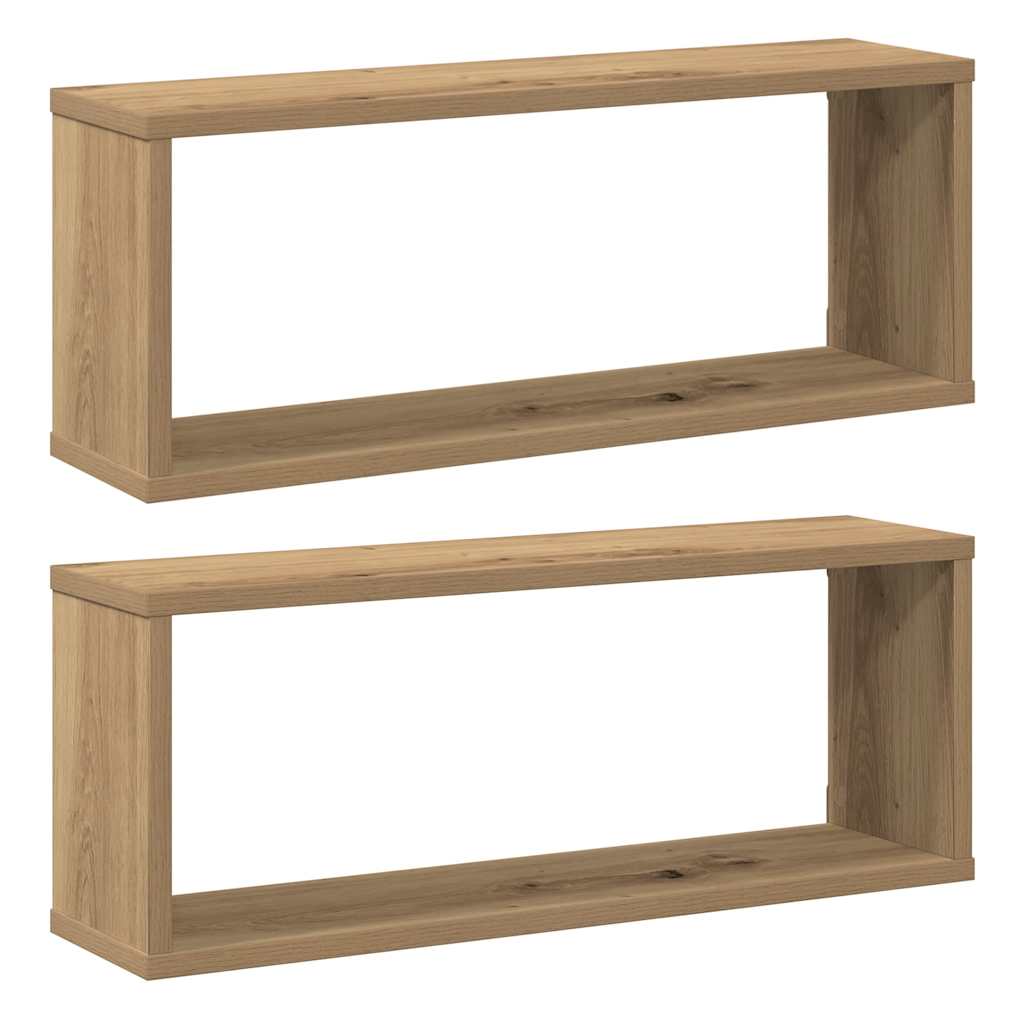 2 db kézműves tölgyszínű szerelt fa fali kockapolc 60x15x23 cm