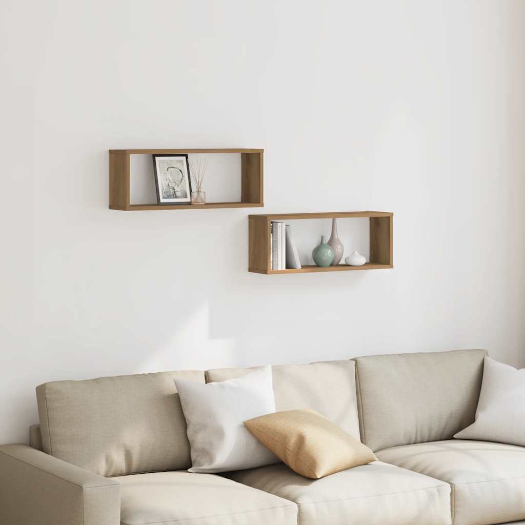 2 db kézműves tölgyszínű szerelt fa fali kockapolc 60x15x23 cm