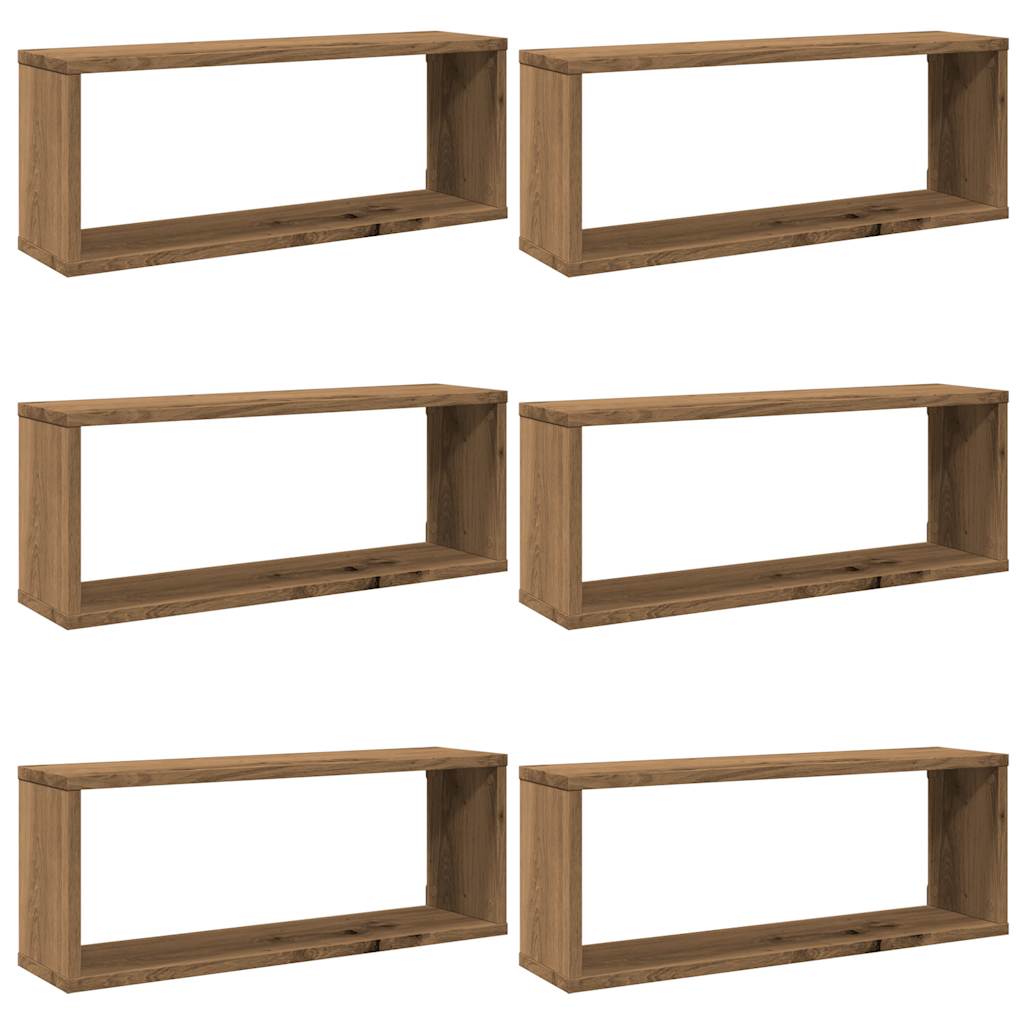 6 db kézműves tölgy színű szerelt fa fali kockapolc 60x15x23 cm