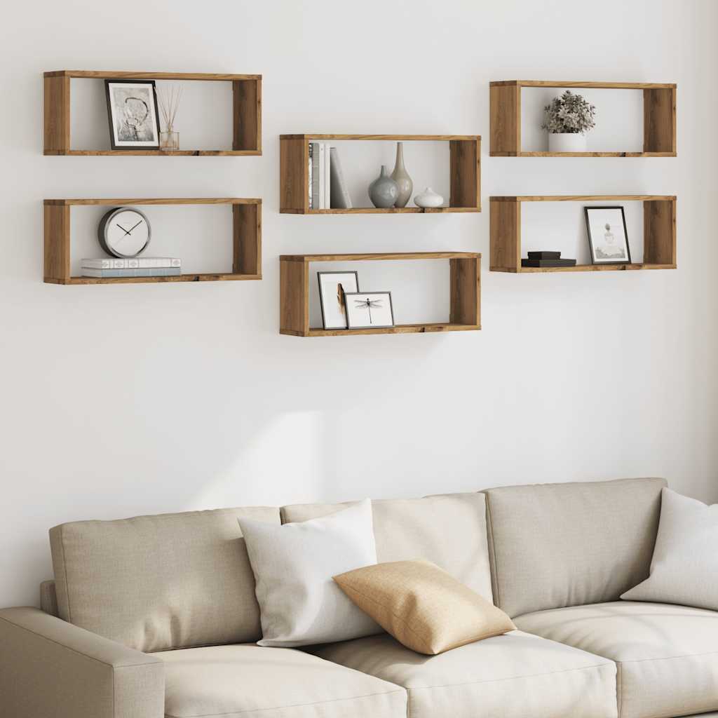 6 db kézműves tölgy színű szerelt fa fali kockapolc 60x15x23 cm
