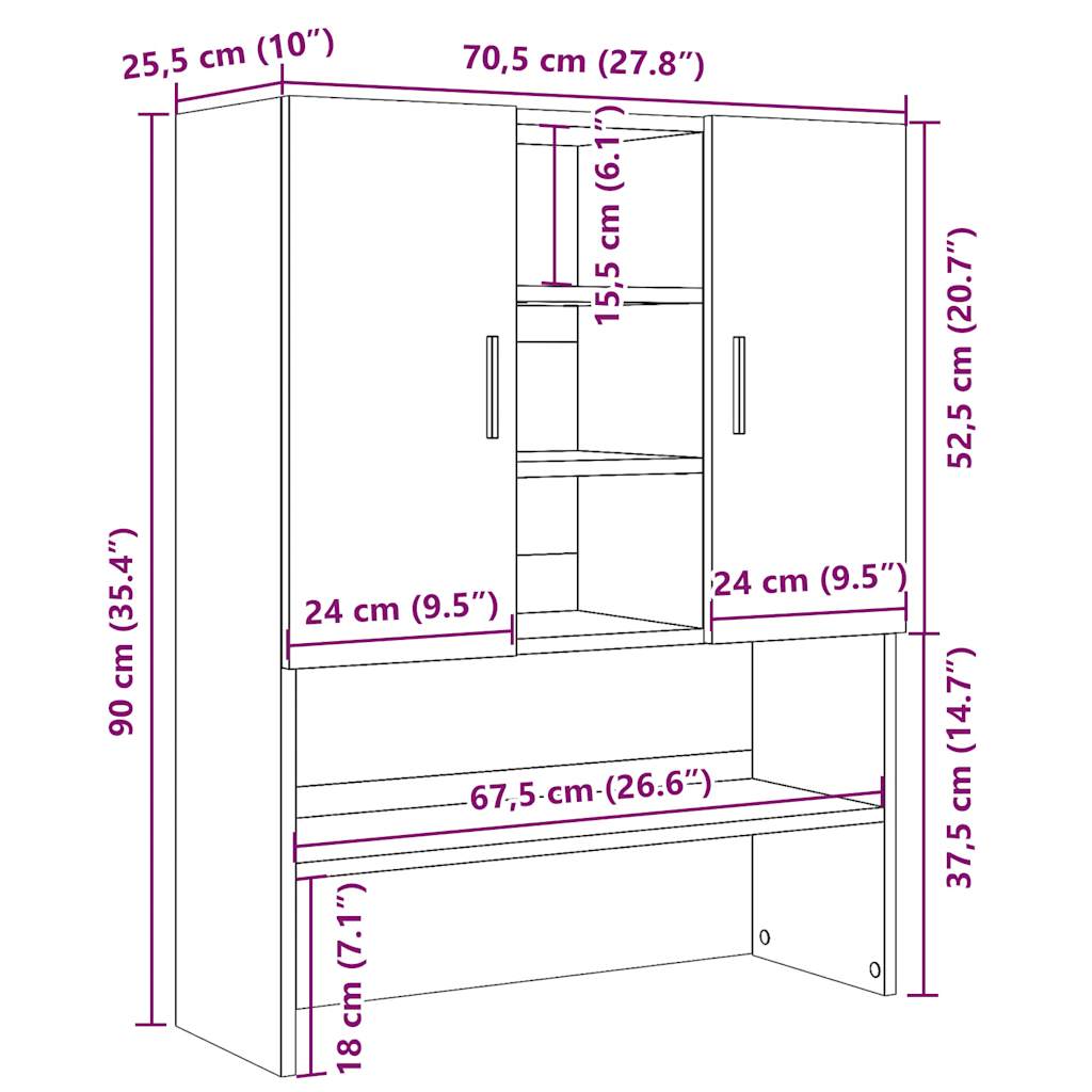 antik fa színű mosógépszekrény 70,5 x 25,5 x 90 cm