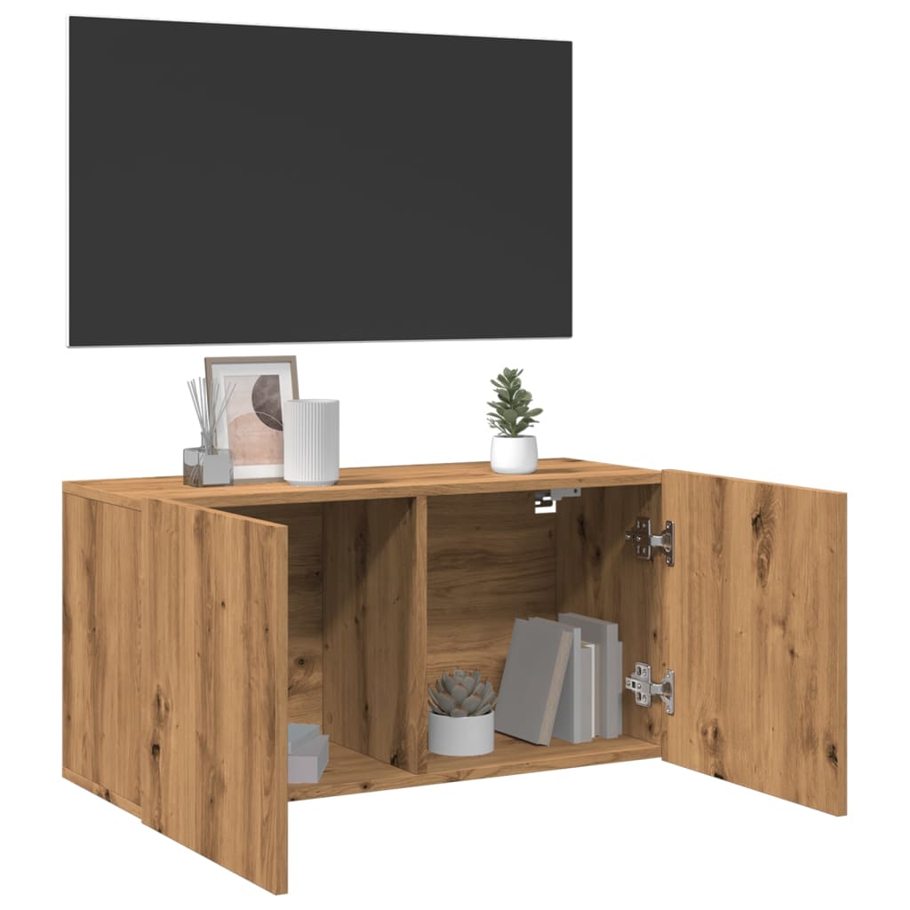 kézműves tölgy színű falra szerelhető TV-szekrény 80x30x41 cm