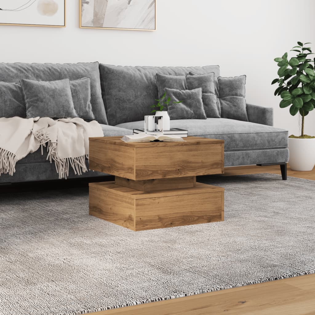 kézműves tölgy színű dohányzóasztal LED-lámpákkal 50x50x40cm