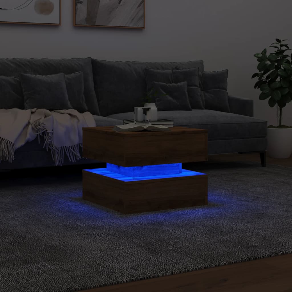kézműves tölgy színű dohányzóasztal LED-lámpákkal 50x50x40cm
