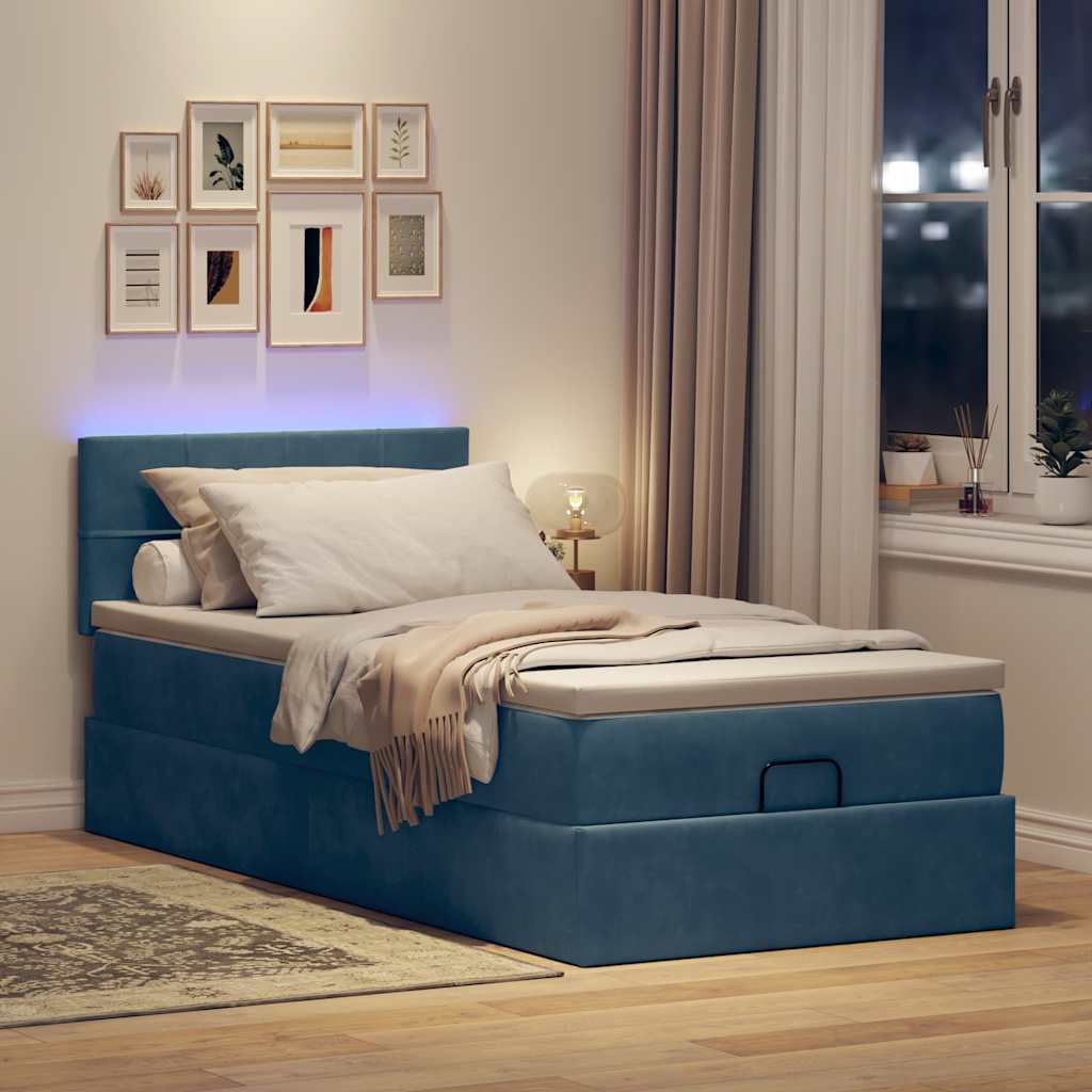 sötétkék bársony ottomán ágy matraccal & LED-ek 80 x 200 cm