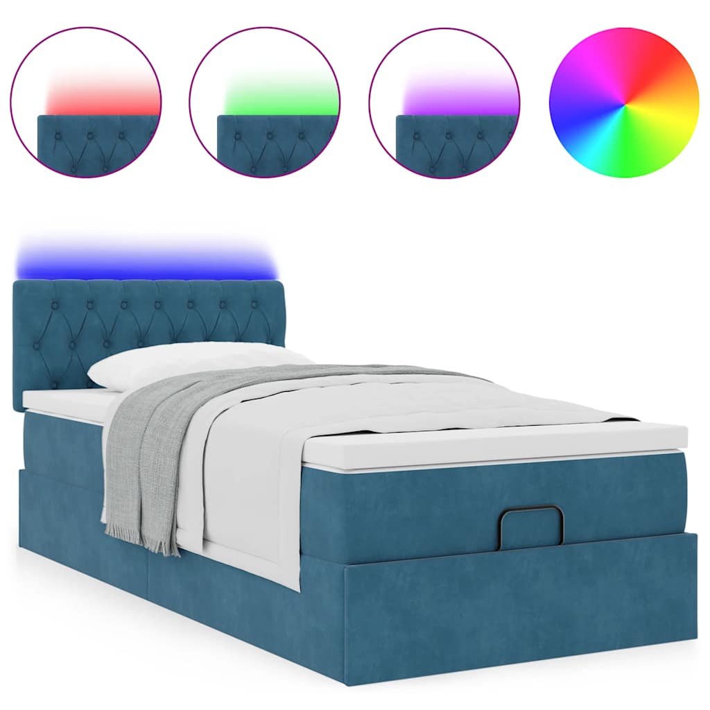 sötétkék bársony ottomán ágy matraccal & LED-ek 80 x 200 cm