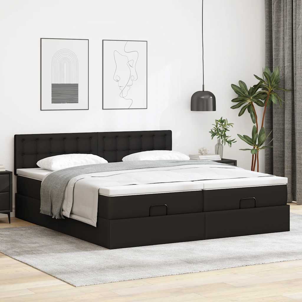 fekete műbőr ottomán ágy matracokkal & LED-ek 160x200cm