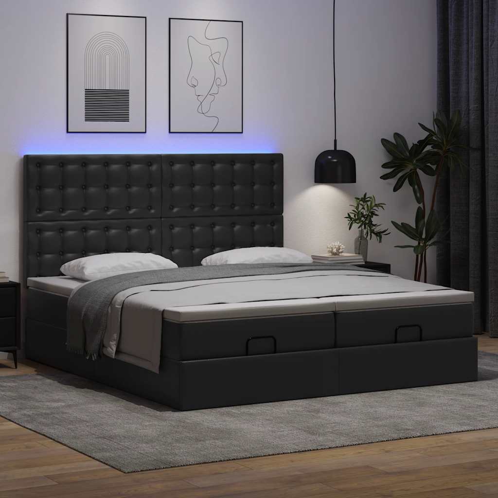 fekete műbőr ottomán ágy matracokkal & LED-ek 160x200cm