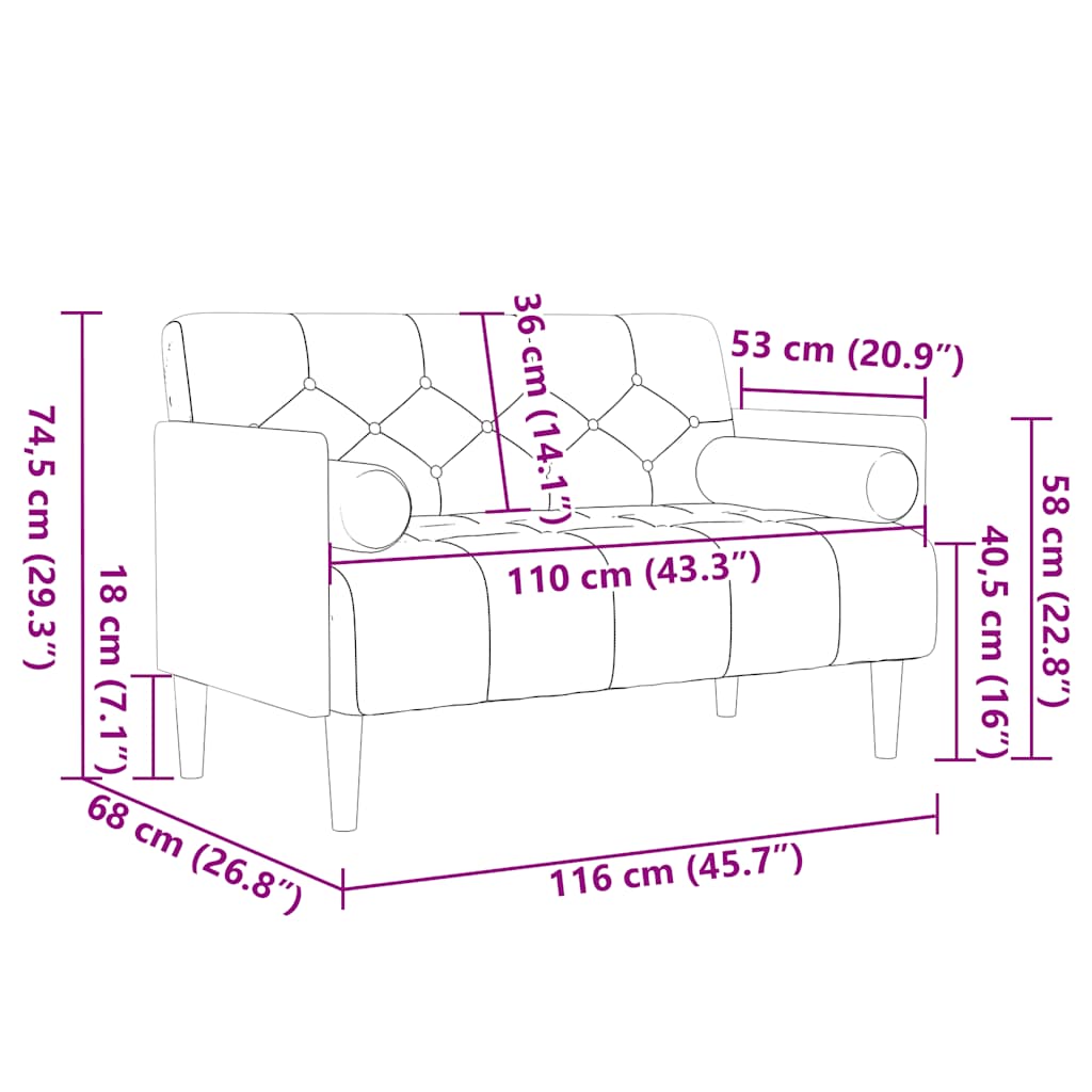 fekete bársony loveseat kanapé párnákkal 110 cm