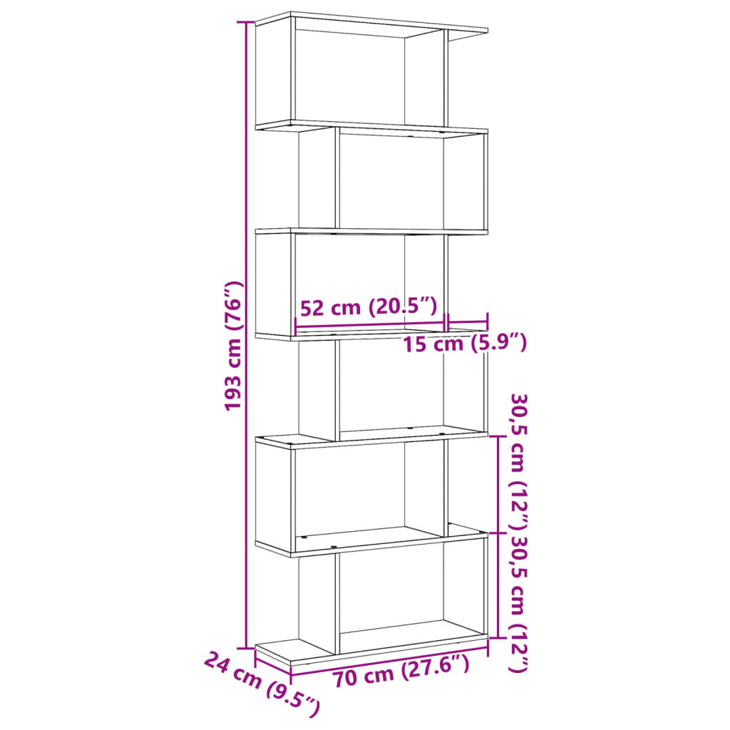 6 szintes betonszürke fa térelválasztó könyvespolc 70x24x193 cm