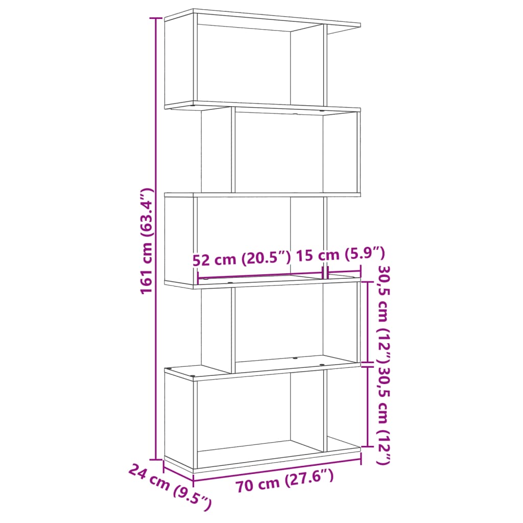 5 szintes sonoma tölgy fa elválasztó könyvespolc 70x24x161 cm