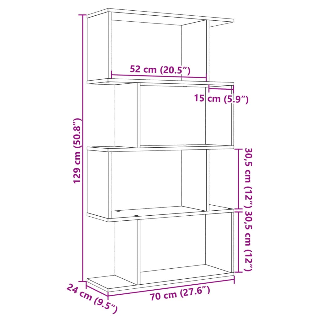 4-szintes fehér szobaelválasztó könyvespolc 70 x 24 x 129 cm rétegelt fa