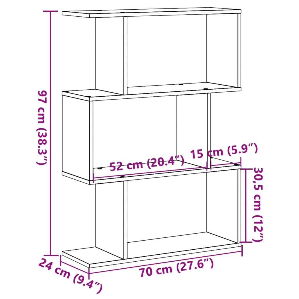 3-szintes fehér szobaelválasztó könyvespolc 70 x 24 x 97 cm rétegelt fa